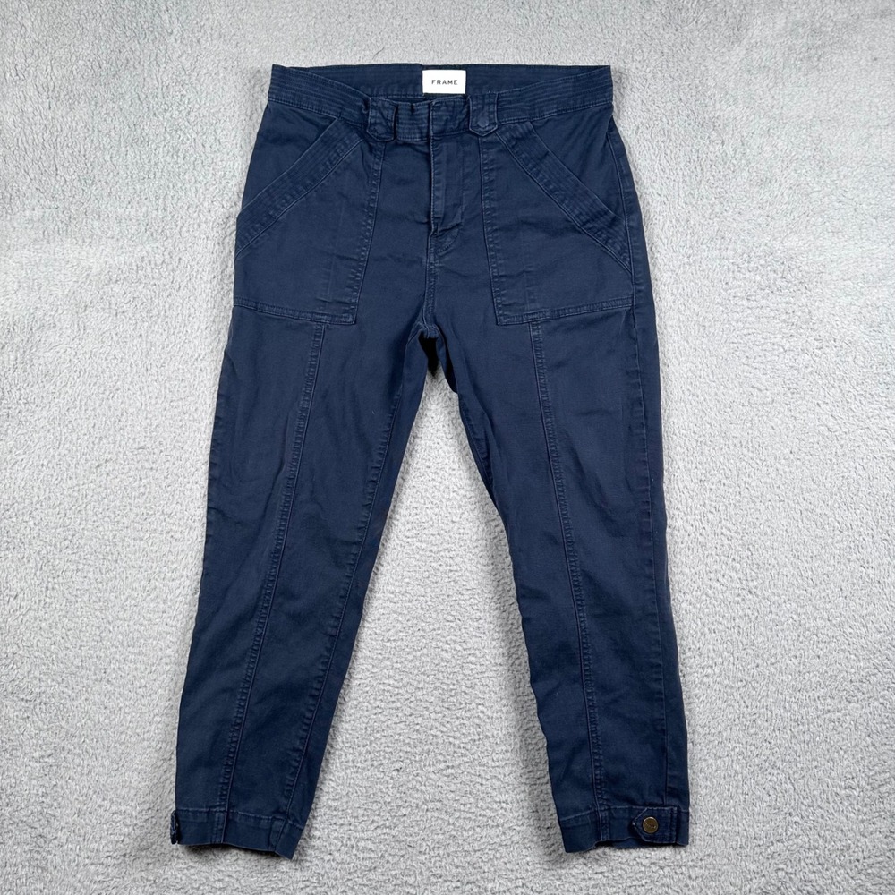 FRAME Trapunto Button Tab Cuff Pants Women's 26 Blue Moto Utility Workwear